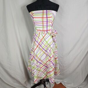 Y2K LIZ CLAIBORNE Size 6 Strapless 100% Cotton Colorful Belted Fit & Flare Dress
